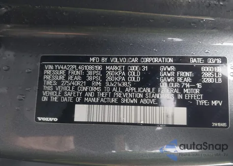 2016 Volvo Xc90 T6 Inscription z USA, uszkodzony, nr VIN YV4A22PL4G1086196